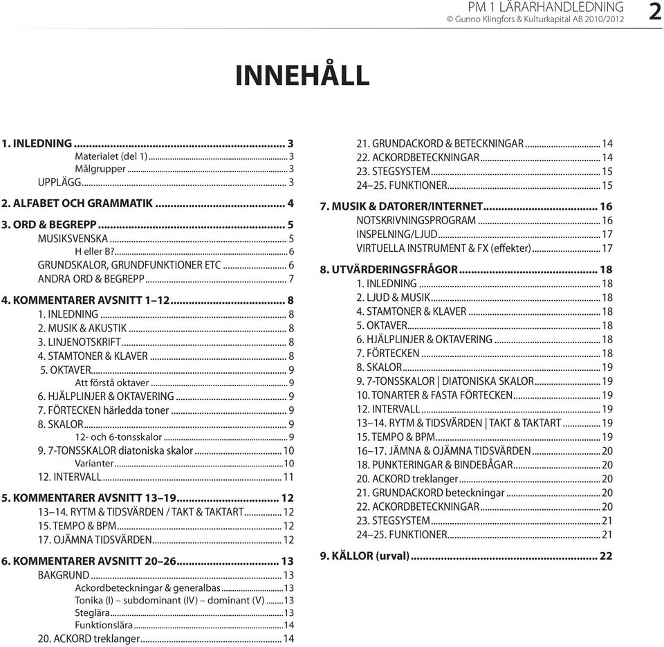 STAMTONER & KLAVER... 8 5. OKTAVER... 9 Att förstå oktaver... 9 6. HJÄLPLINJER & OKTAVERING... 9 7. FÖRTECKEN härledda toner... 9 8. SKALOR... 9 12- och 6-tonsskalor... 9 9.