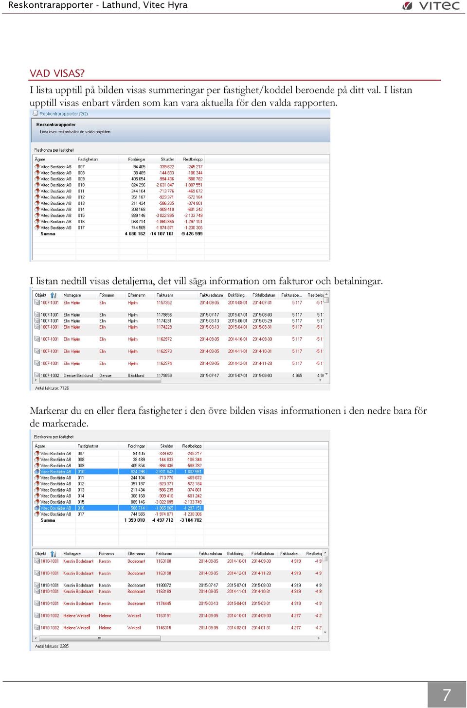 I listan nedtill visas detaljerna, det vill säga information om fakturor och betalningar.