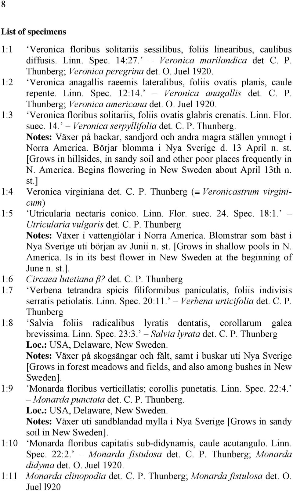 1:3 Veronica floribus solitariis, foliis ovatis glabris crenatis. Linn. Flor. suec. 14. Veronica serpyllifolia det. C. P. Thunberg.