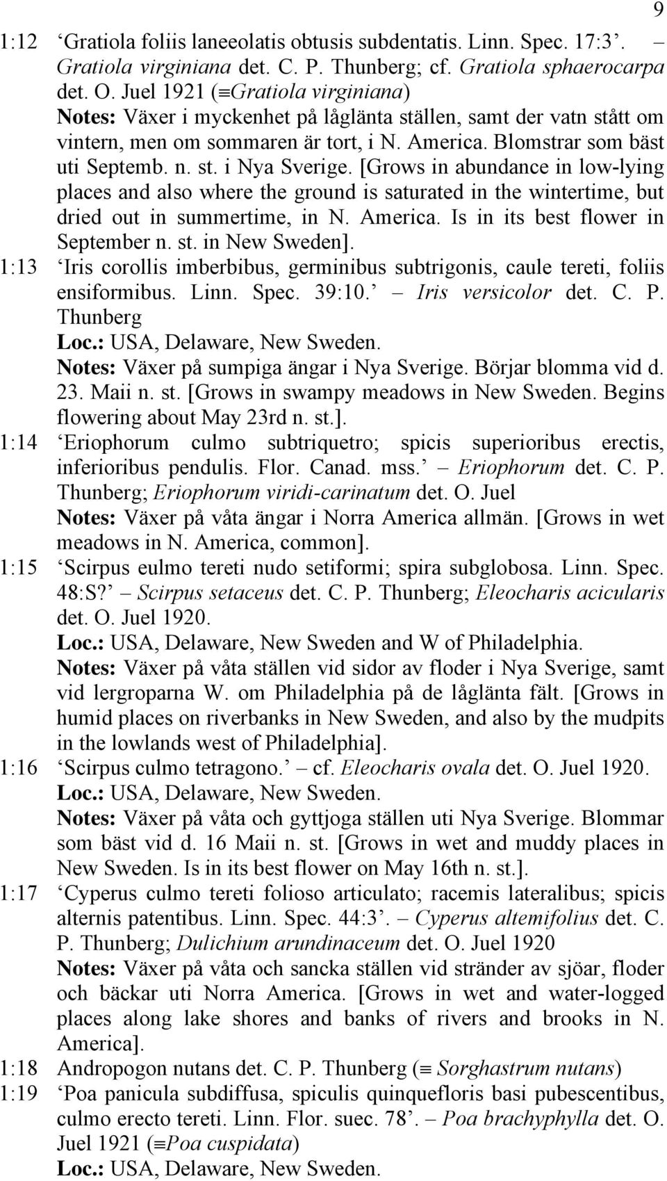 [Grows in abundance in low-lying places and also where the ground is saturated in the wintertime, but dried out in summertime, in N. America. Is in its best flower in September n. st. in New Sweden].