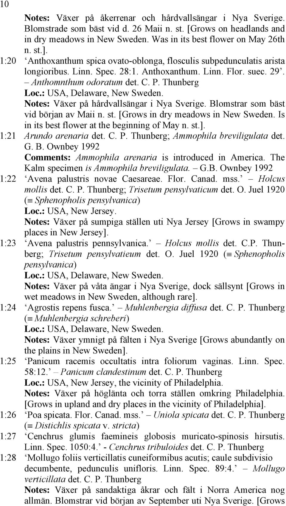 Thunberg Notes: Växer på hårdvallsängar i Nya Sverige. Blomstrar som bäst vid början av Maii n. st. [Grows in dry meadows in New Sweden. Is in its best flower at the beginning of May n. st.].