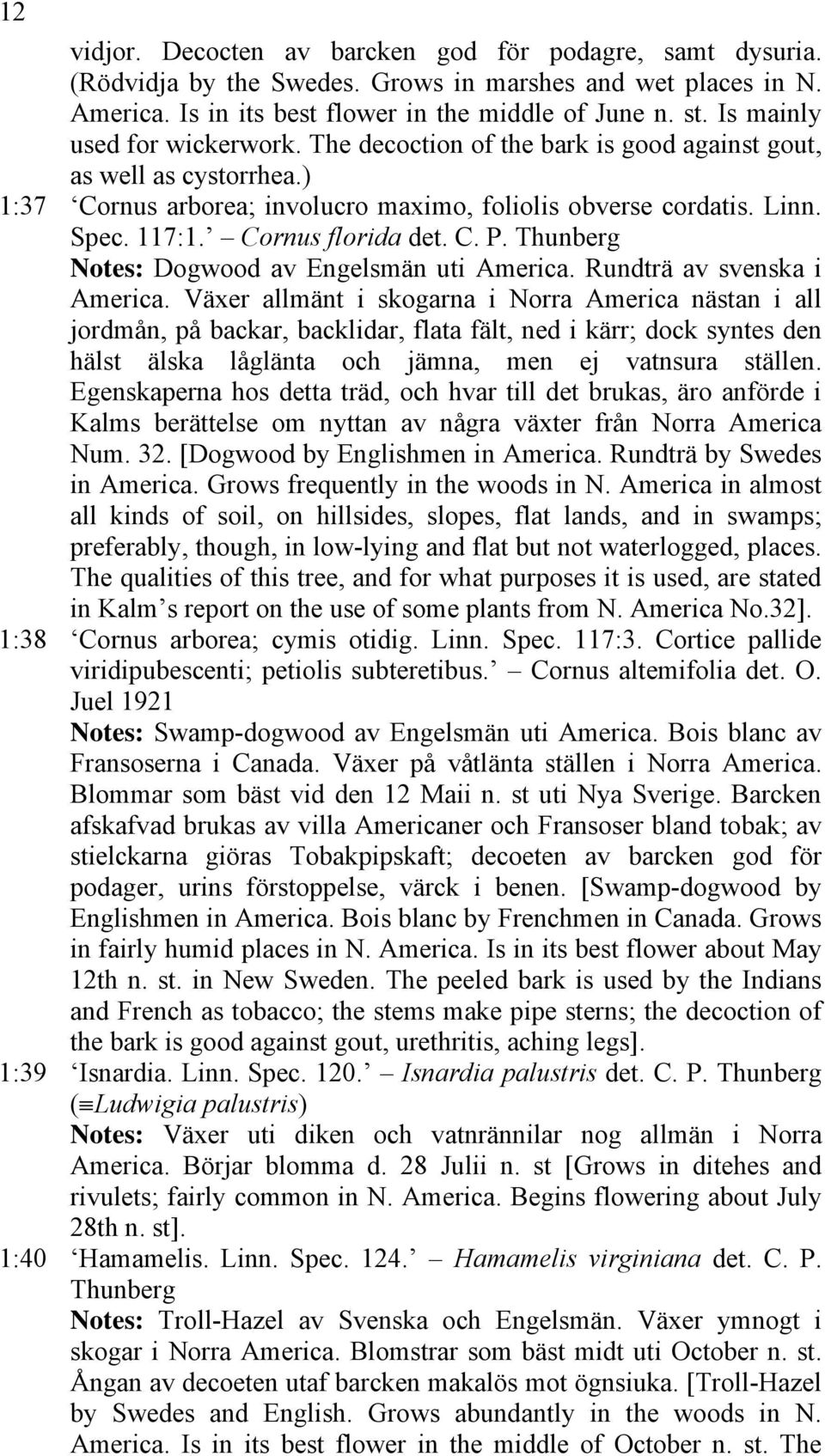 Cornus florida det. C. P. Thunberg Notes: Dogwood av Engelsmän uti America. Rundträ av svenska i America.