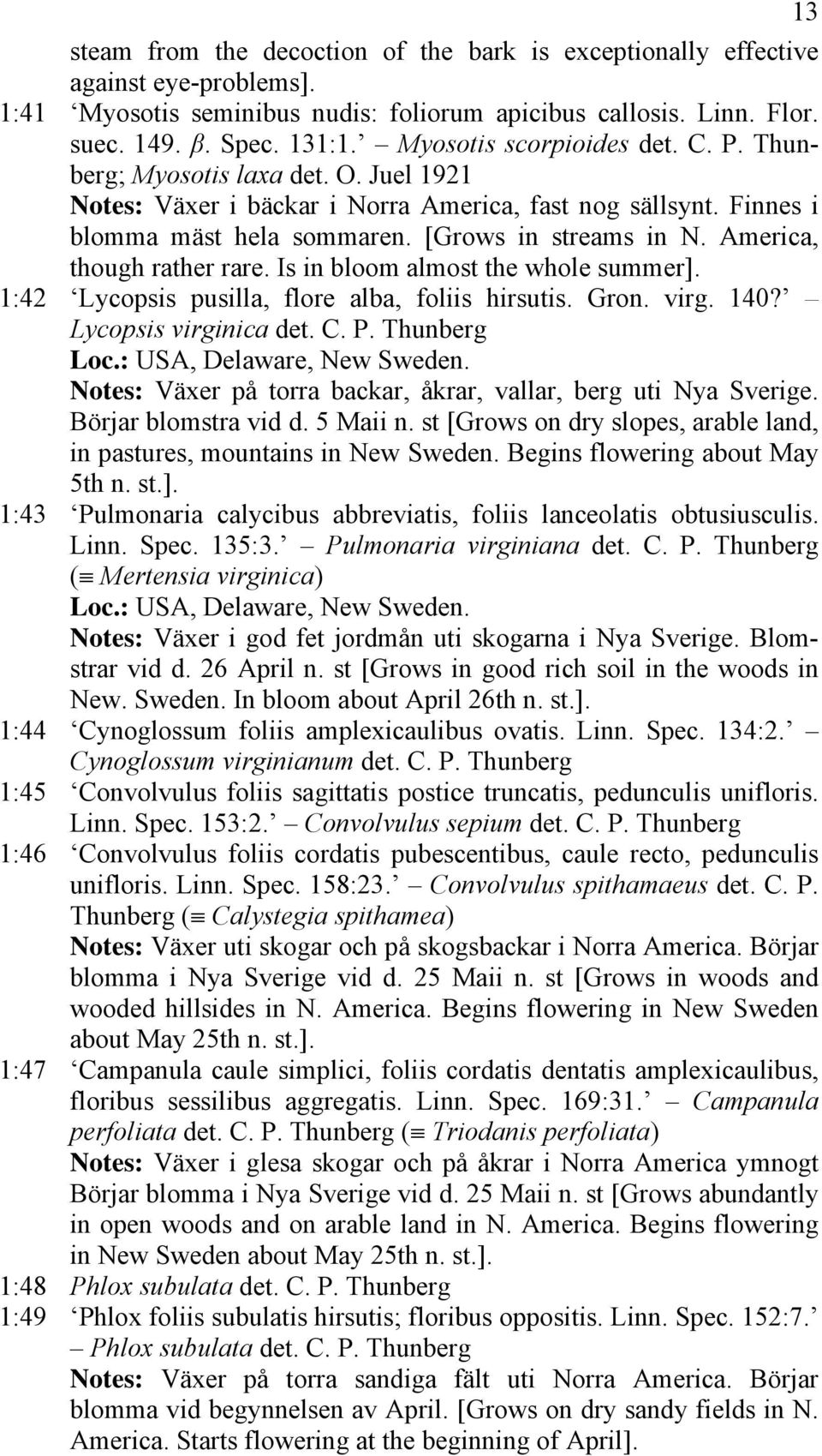 America, though rather rare. Is in bloom almost the whole summer]. 1:42 Lycopsis pusilla, flore alba, foliis hirsutis. Gron. virg. 140? Lycopsis virginica det. C. P.