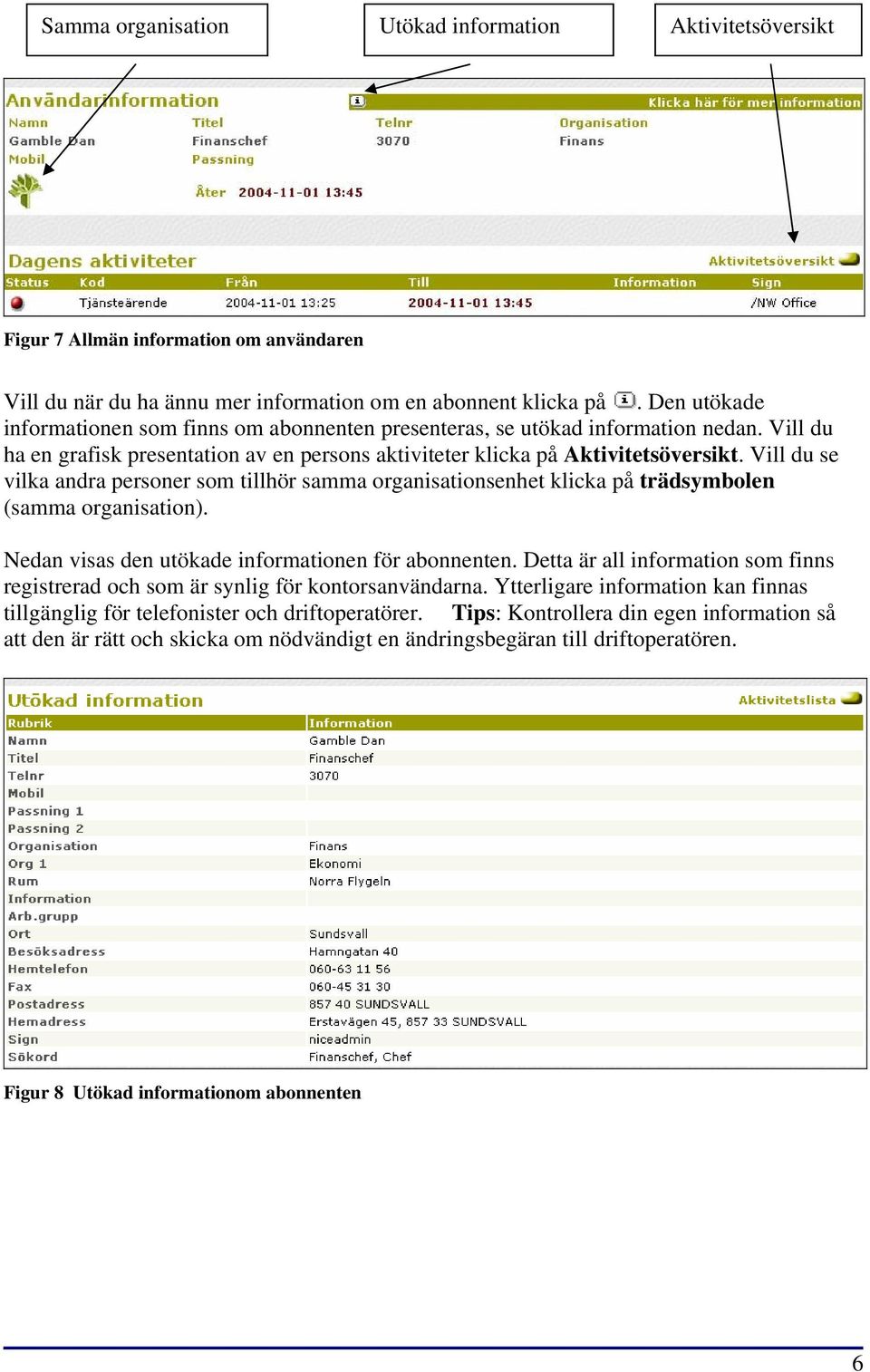 Vill du se vilka andra personer som tillhör samma organisationsenhet klicka på trädsymbolen (samma organisation). Nedan visas den utökade informationen för abonnenten.