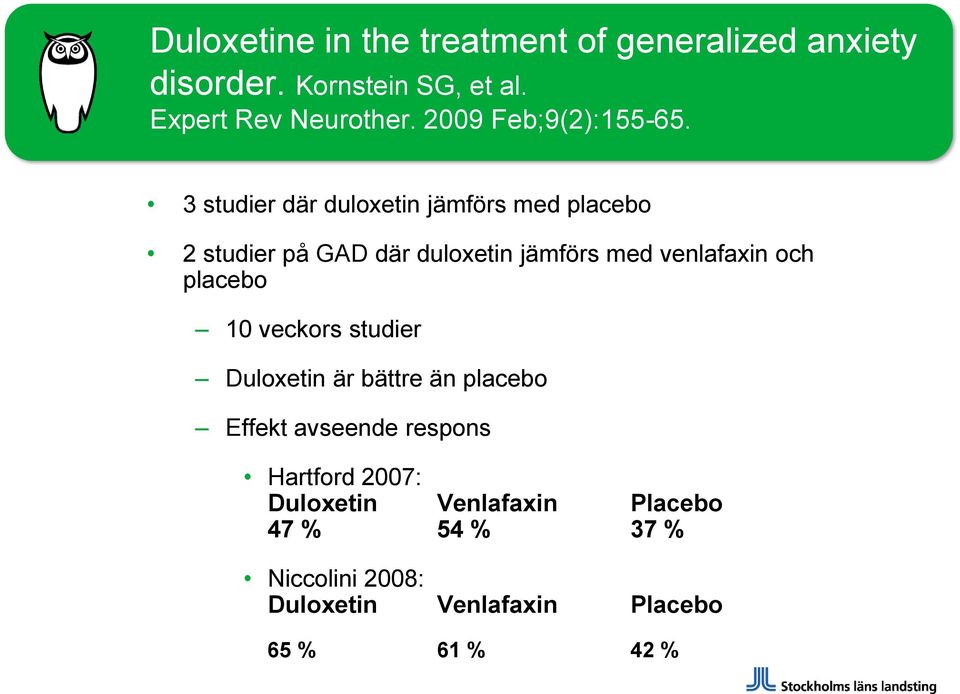 3 studier där duloxetin jämförs med placebo 2 studier på GAD där duloxetin jämförs med venlafaxin och