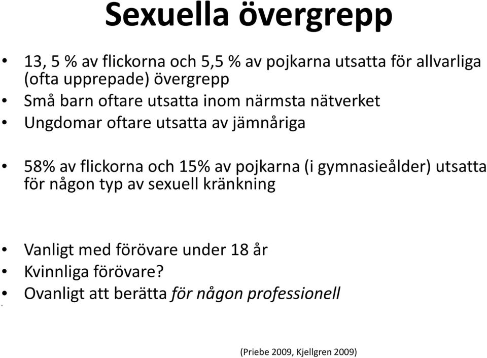 flickorna och 15% av pojkarna (i gymnasieålder) utsatta för någon typ av sexuell kränkning Vanligt med