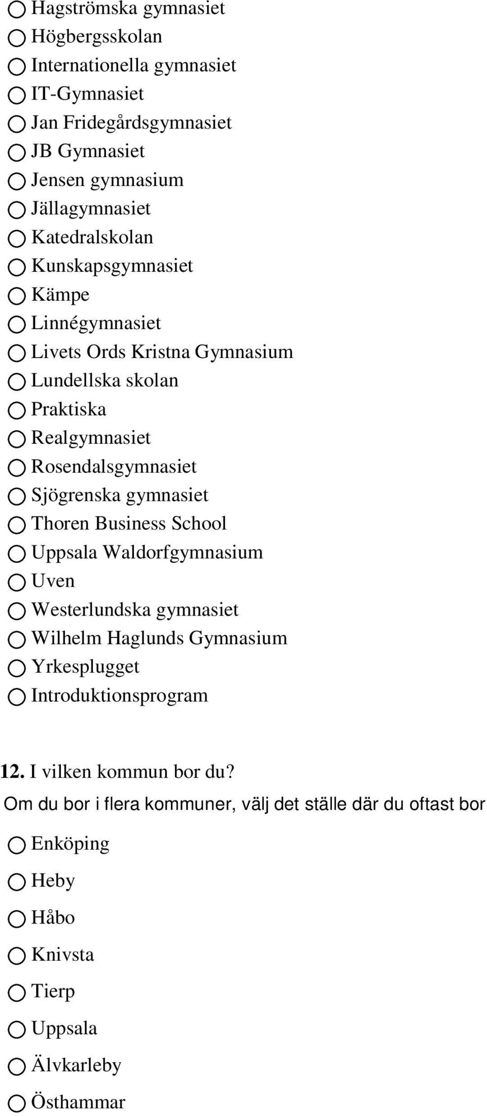 Sjögrenska gymnasiet Thoren Business School Uppsala Waldorfgymnasium Uven Westerlundska gymnasiet Wilhelm Haglunds Gymnasium Yrkesplugget