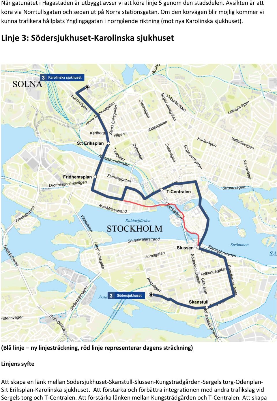 Linje 3: Södersjukhuset-Karolinska sjukhuset (Blå linje ny linjesträckning, röd linje representerar dagens sträckning) Linjens syfte Att skapa en länk mellan