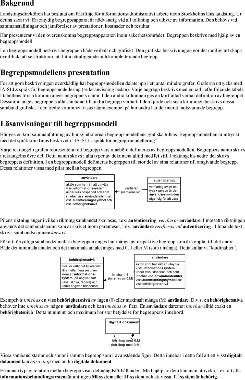 Här presenterar vi den överenskomna begreppsapparaten inom säkerhetsområdet. Begreppen beskrivs med hjälp av en begreppsmodell. I en begreppsmodell beskrivs begreppen både verbalt och grafiskt.