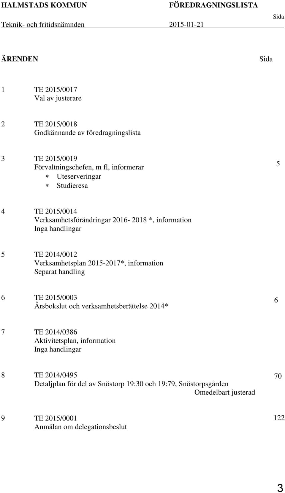 handlingar 5 TE 2014/0012 Verksamhetsplan 2015-2017*, information Separat handling 6 TE 2015/0003 Årsbokslut och verksamhetsberättelse 2014* 7 TE 2014/0386