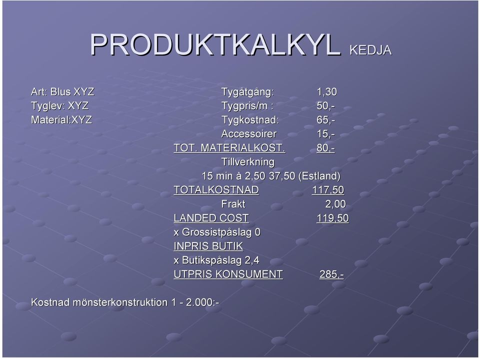80,- Tillverkning 15 min à 2,50 37,50 (Estland) TOTALKOSTNAD 117,50 Frakt 2,00 LANDED