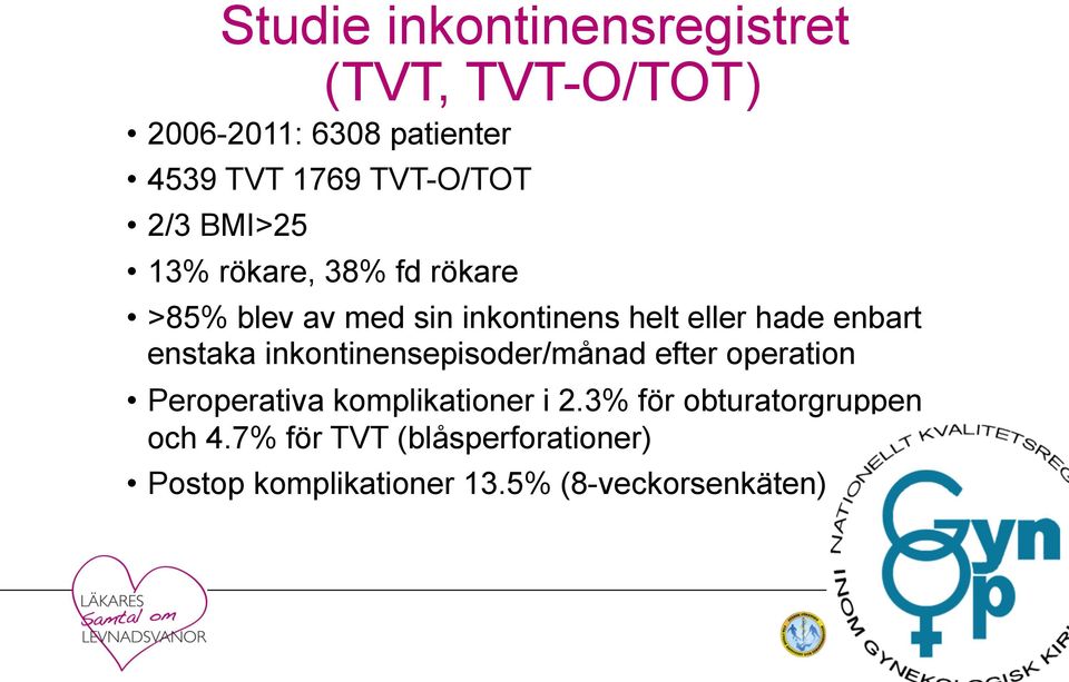 enstaka inkontinensepisoder/månad efter operation Peroperativa komplikationer i 2.