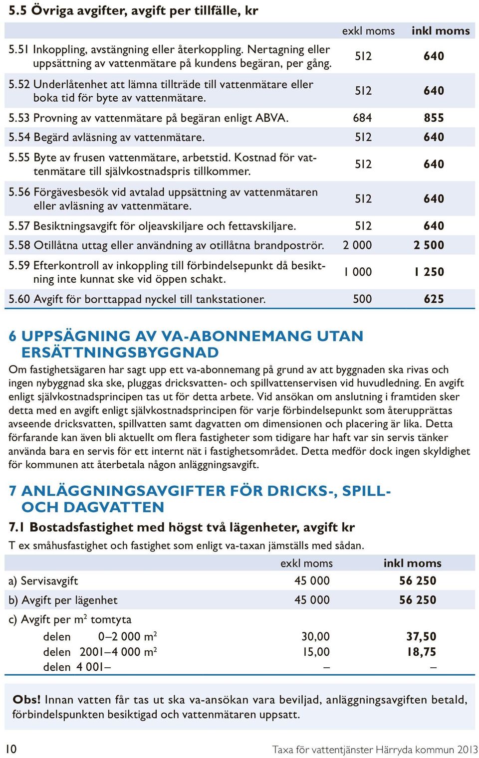 Kostnad för vattenmätare till självkostnadspris tillkommer. 512 640 5.56 Förgävesbesök vid avtalad uppsättning av vattenmätaren eller avläsning av vattenmätare. 512 640 5.57 Besiktningsavgift för oljeavskiljare och fettavskiljare.