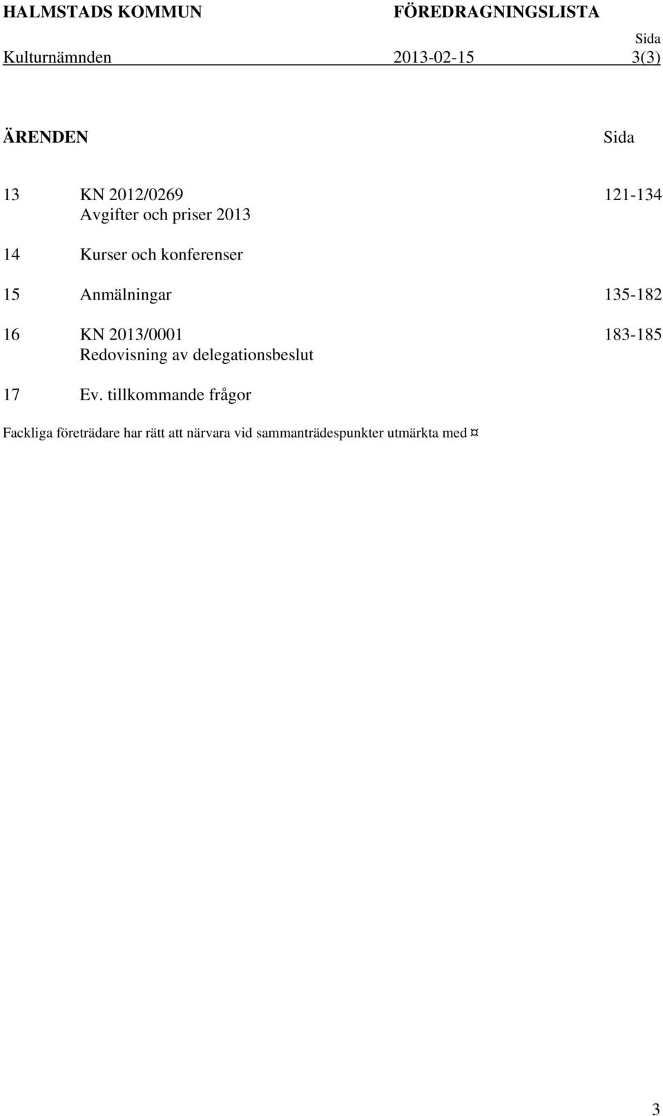 135-182 16 KN 2013/0001 Redovisning av delegationsbeslut 183-185 17 Ev.