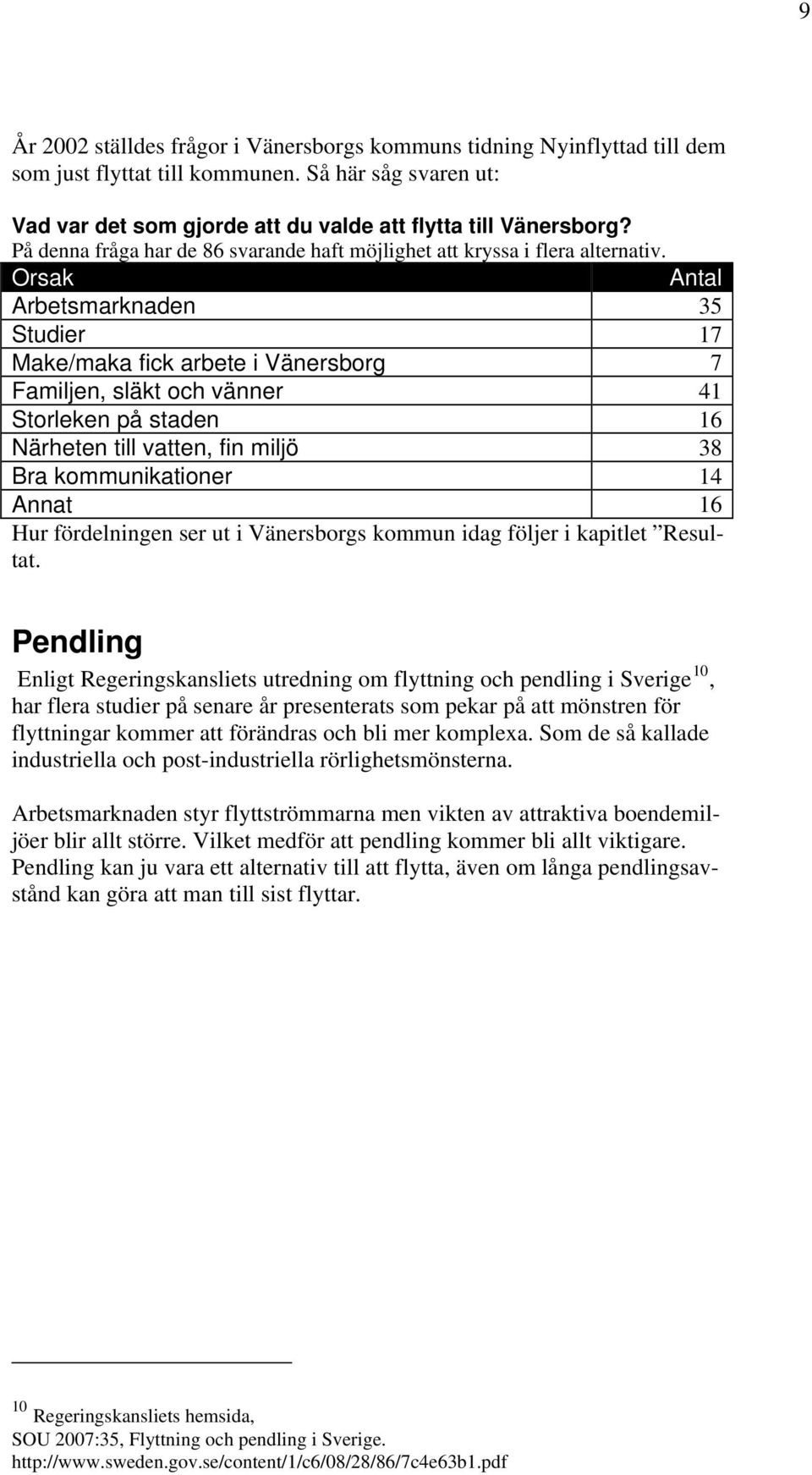 Orsak Antal Arbetsmarknaden 35 Studier 17 Make/maka fick arbete i Vänersborg 7 Familjen, släkt och vänner 41 Storleken på staden 16 Närheten till vatten, fin miljö 38 Bra kommunikationer 14 Annat 16
