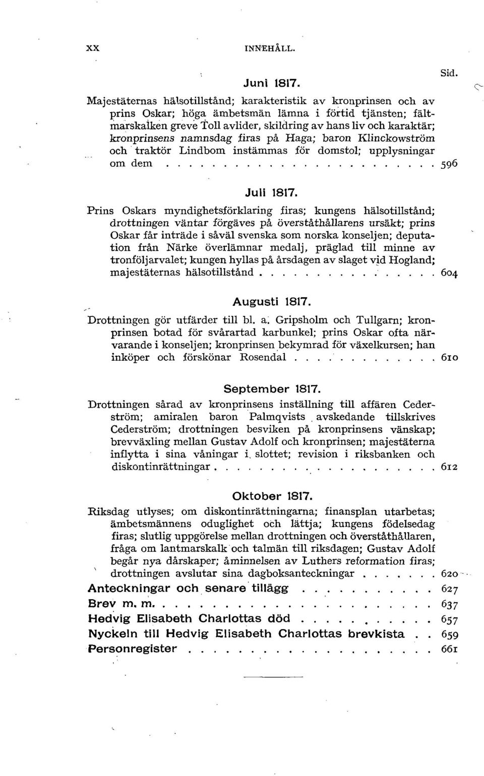 kronprinsens namnsdag firas på Haga; baron Klinckowström och traktör Lindbom instämmas för domstol; upplysningar om dem 596 Juli 1817.