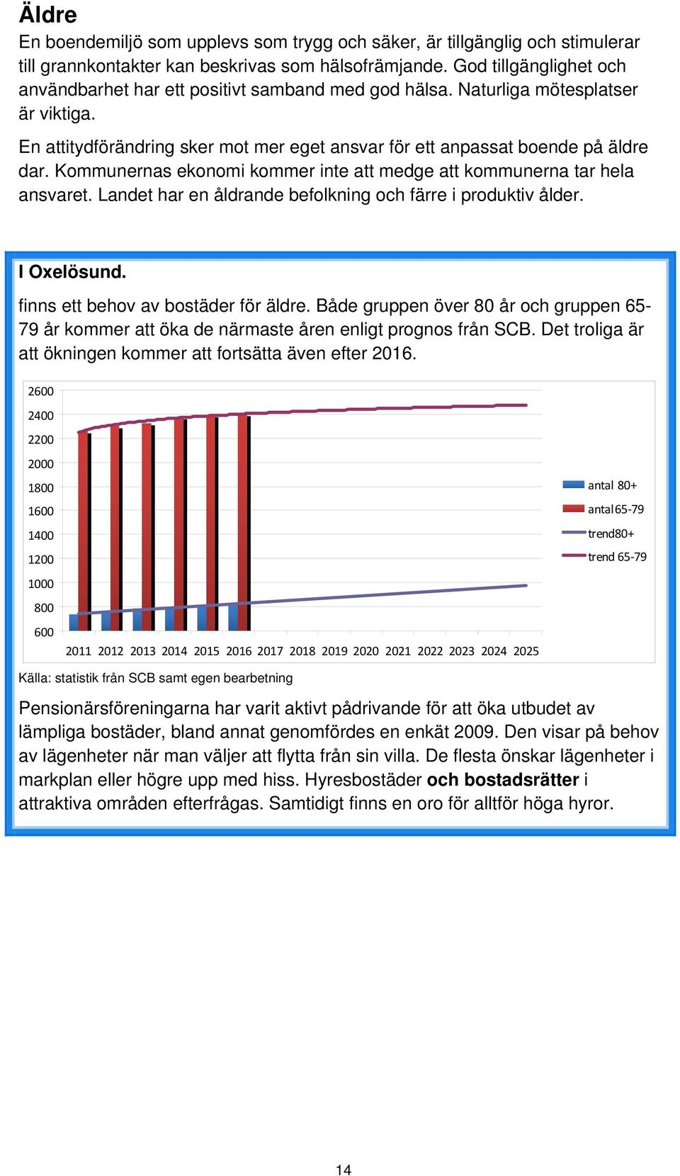 Kommunernas ekonomi kommer inte att medge att kommunerna tar hela ansvaret. Landet har en åldrande befolkning och färre i produktiv ålder. I Oxelösund. finns ett behov av bostäder för äldre.