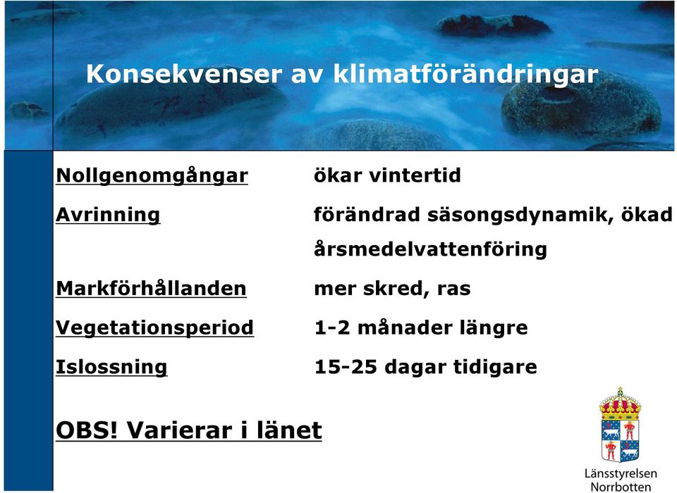 förändrad säsongsdynamik, ökad årsmedelvattenföring mer skred,