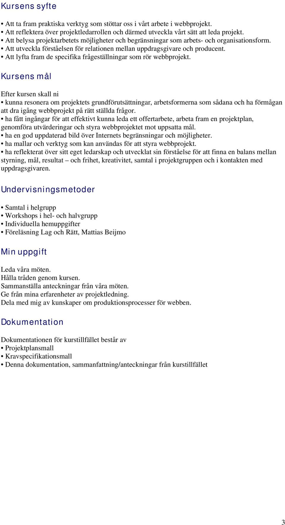 Att lyfta fram de specifika frågeställningar som rör webbprojekt.
