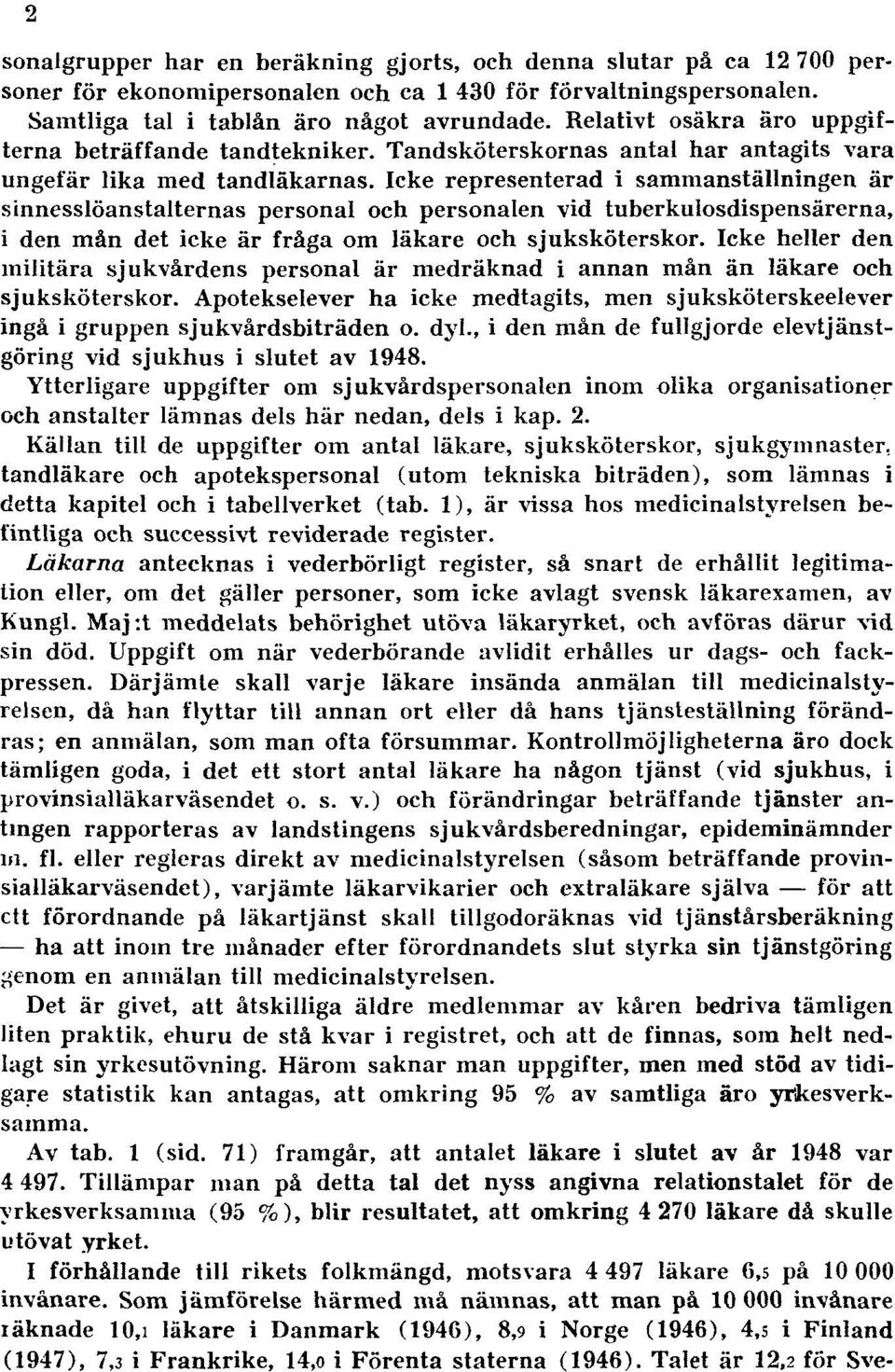Icke representerad i sammanställningen är sinnesslöanstalternas personal och personalen vid tuberkulosdispensärerna, i den mån det icke är fråga om läkare och sjuksköterskor.