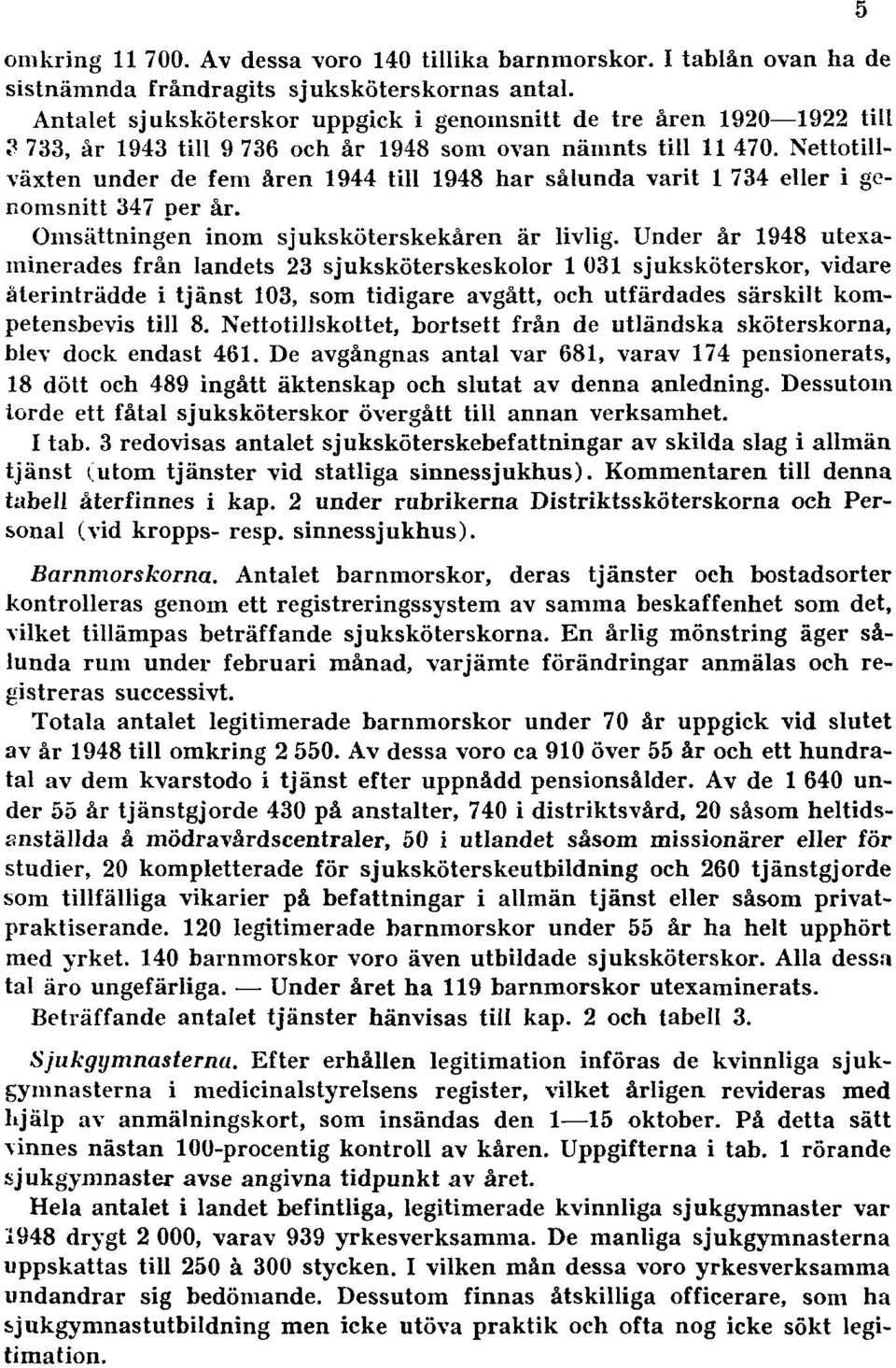 Nettotillväxten under de fem åren 1944 till 1948 har sålunda varit 1 734 eller i genomsnitt 347 per år. Omsättningen inom sjuksköterskekåren är livlig.
