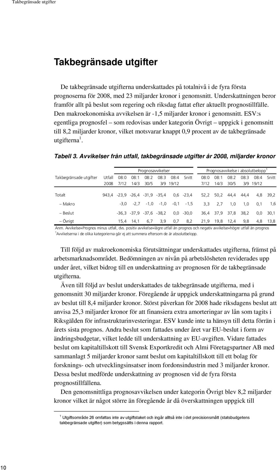 ESV:s egentliga prognosfel som redovisas under kategorin Övrigt uppgick i genomsnitt till 8,2 miljarder kronor, vilket motsvarar knappt 0,9 procent av de takbegränsade utgifterna 1. Tabell 3.