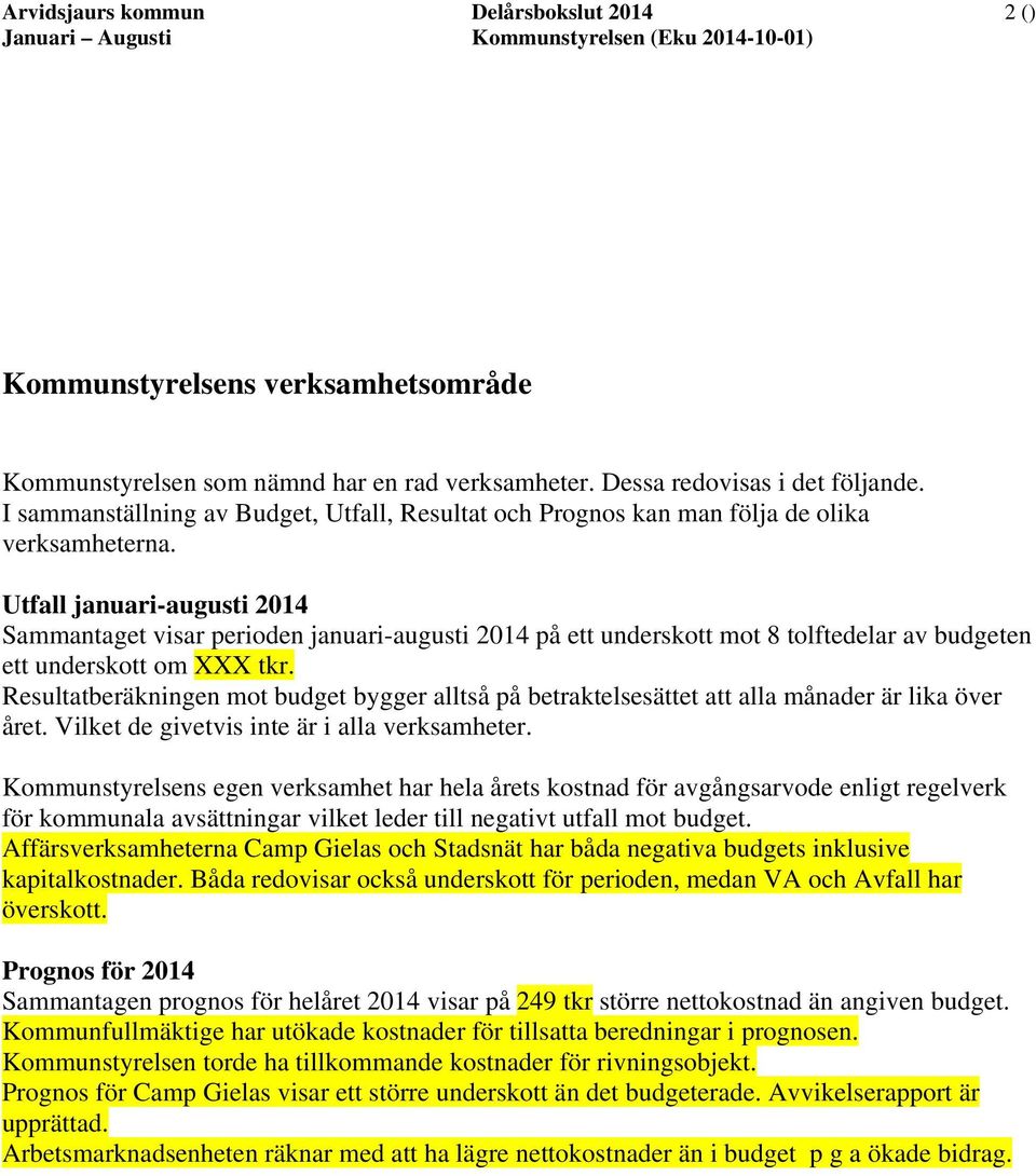 Utfall januari-augusti 2014 Sammantaget visar perioden januari-augusti 2014 på ett underskott mot 8 tolftedelar av budgeten ett underskott om XXX tkr.