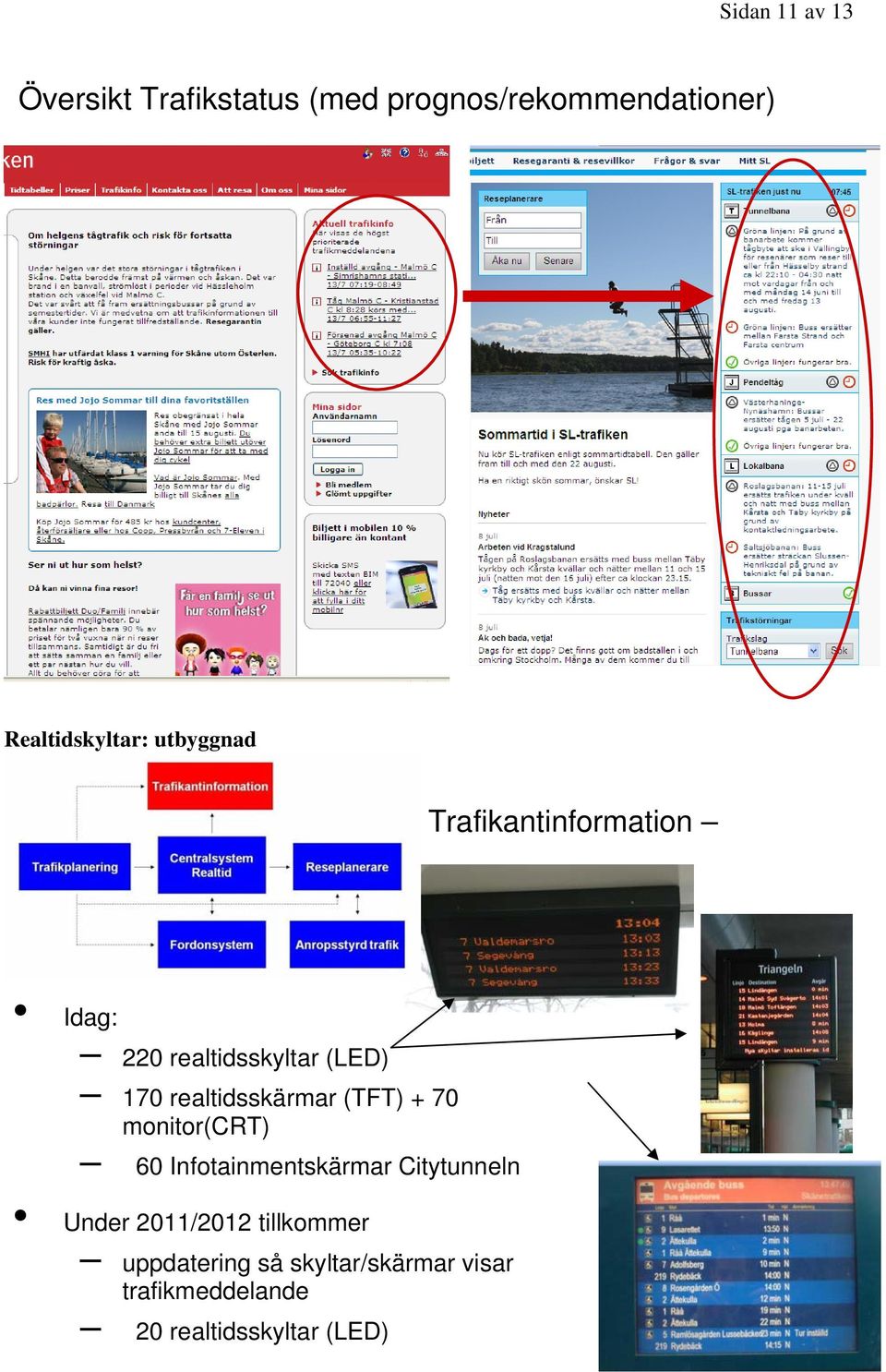 realtidsskärmar (TFT) + 70 monitor(crt) 60 Infotainmentskärmar Citytunneln Under