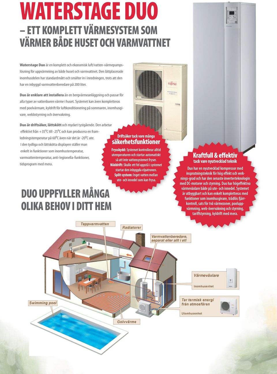 Duo är enklare att installera än en bergvärmeanläggning och passar för alla typer av vattenburen värme i huset.
