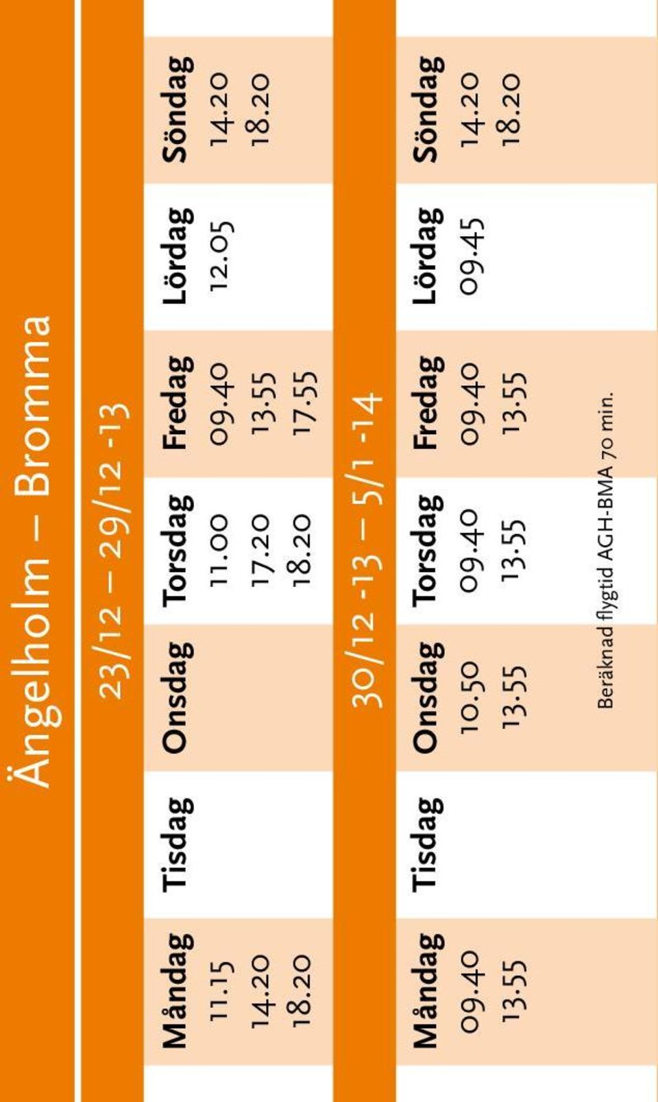 20 18.20 Tisdag Onsdag 10.50 09.40 30/12-13 5/1-14 Torsdag 09.