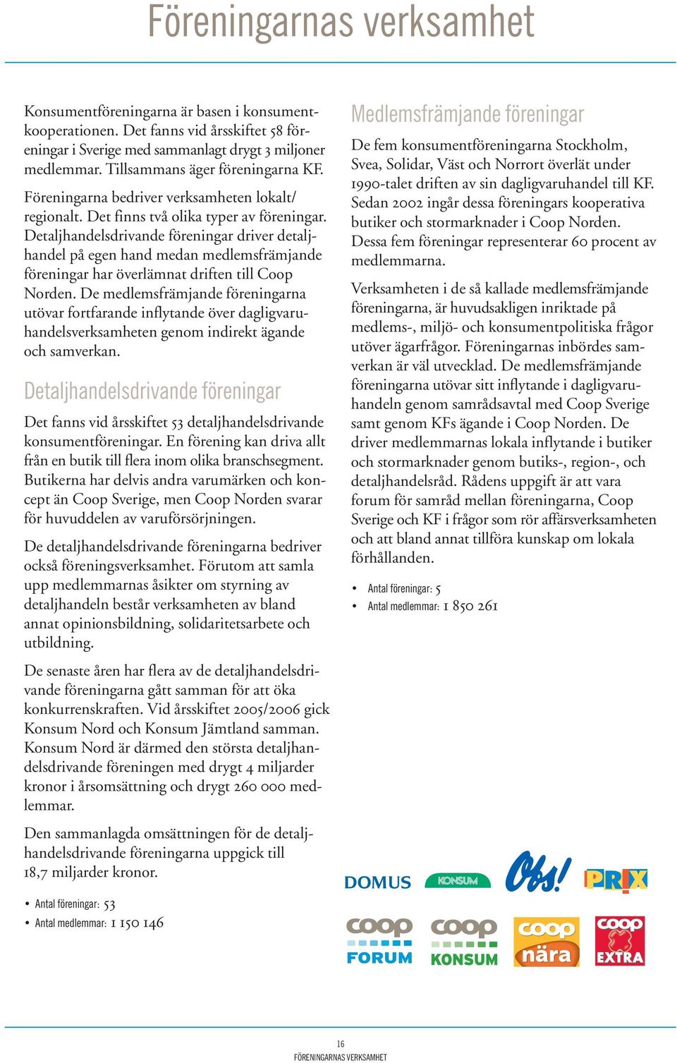Detaljhandelsdrivande föreningar driver detaljhandel på egen hand medan medlemsfrämjande föreningar har överlämnat driften till Coop Norden.