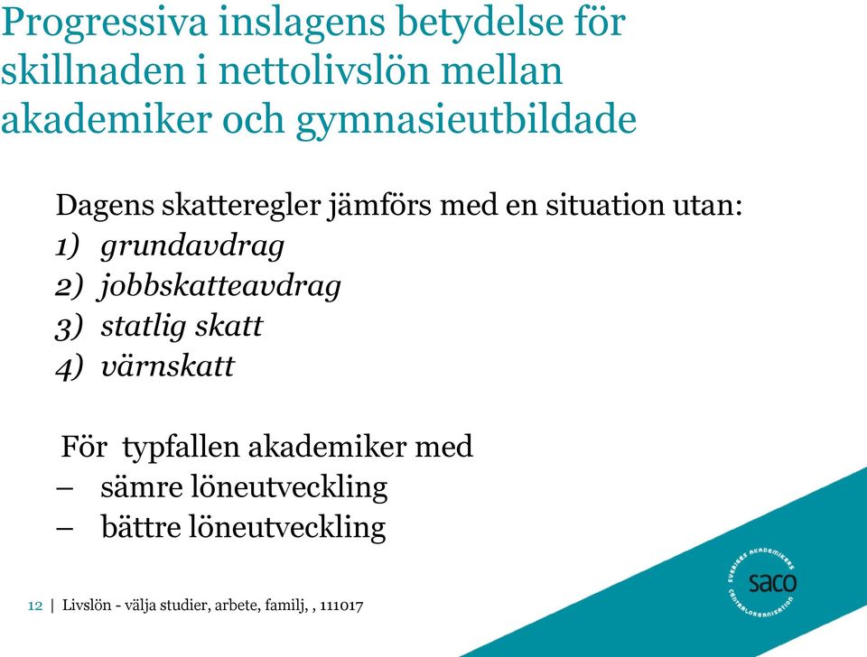 2) jobbskatteavdrag 3) statlig skatt 4) värnskatt För typfallen akademiker med sämre