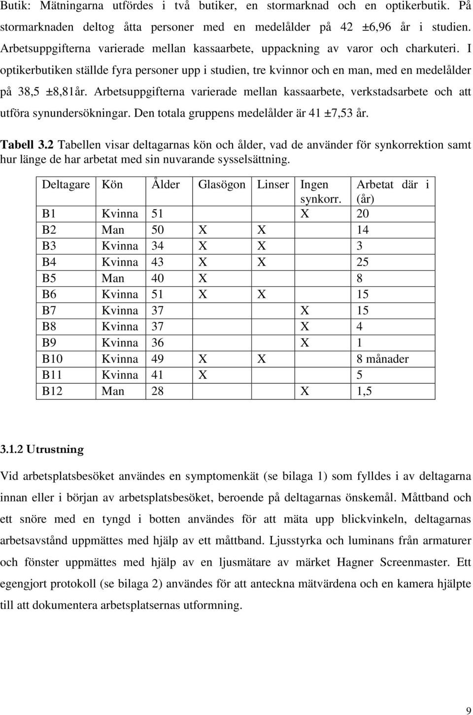 Arbetsuppgifterna varierade mellan kassaarbete, verkstadsarbete och att utföra synundersökningar. Den totala gruppens medelålder är 41 ±7,53 år. Tabell 3.