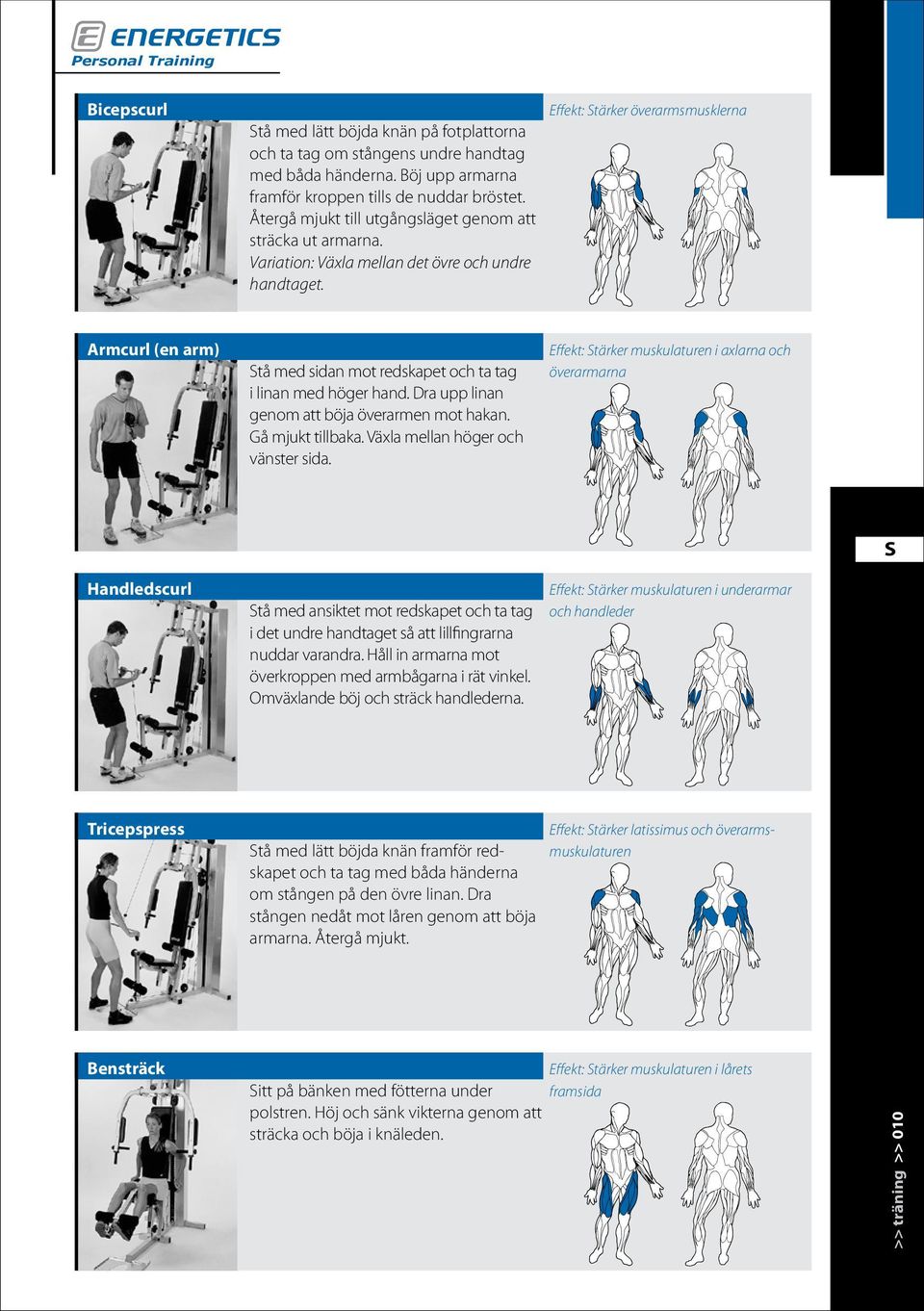 Effekt: tärker överarmsmusklerna Armcurl (en arm) tå med sidan mot redskapet och ta tag i linan med höger hand. Dra upp linan genom att böja överarmen mot hakan. Gå mjukt tillbaka.