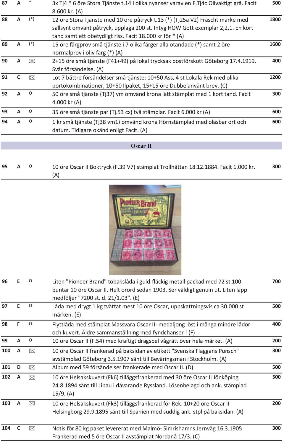 000 kr för * (A) 89 A (*) 15 öre färgprov små tjänste i 7 olika färger alla otandade (*) samt 2 öre normalprov i oliv färg (*) (A) 90 A 2+15 öre små tjänste (F41+49) på lokal trycksak postförskott