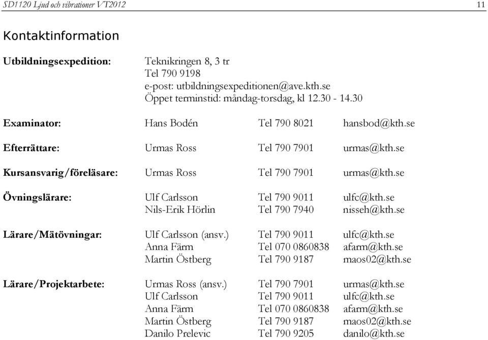 se Övningslärare: Ulf Carlsson Tel 790 9011 ulfc@kth.se Nils-Erik Hörlin Tel 790 7940 nisseh@kth.se Lärare/Mätövningar: Ulf Carlsson (ansv.) Tel 790 9011 ulfc@kth.