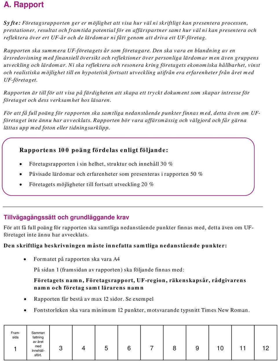 Den ska vara en blandning av en årsredovisning med finansiell översikt och reflektioner över personliga lärdomar men även gruppens utveckling och lärdomar.