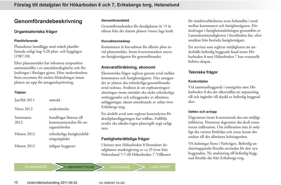 Organisatoriska frågor Planförfarande PROGRAMSAMRÅD PLANSAMRÅD Huvudmannaskap UTSTÄLLNING ANTAGANDE LAGA ansökan KRAFT från berörda fastighetsägare.