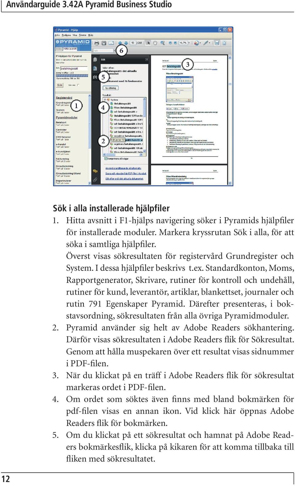 Standardkonton, Moms, Rapportgenerator, Skrivare, rutiner för kontroll och undehåll, rutiner för kund, leverantör, artiklar, blankettset, journaler och rutin 791 Egenskaper Pyramid.