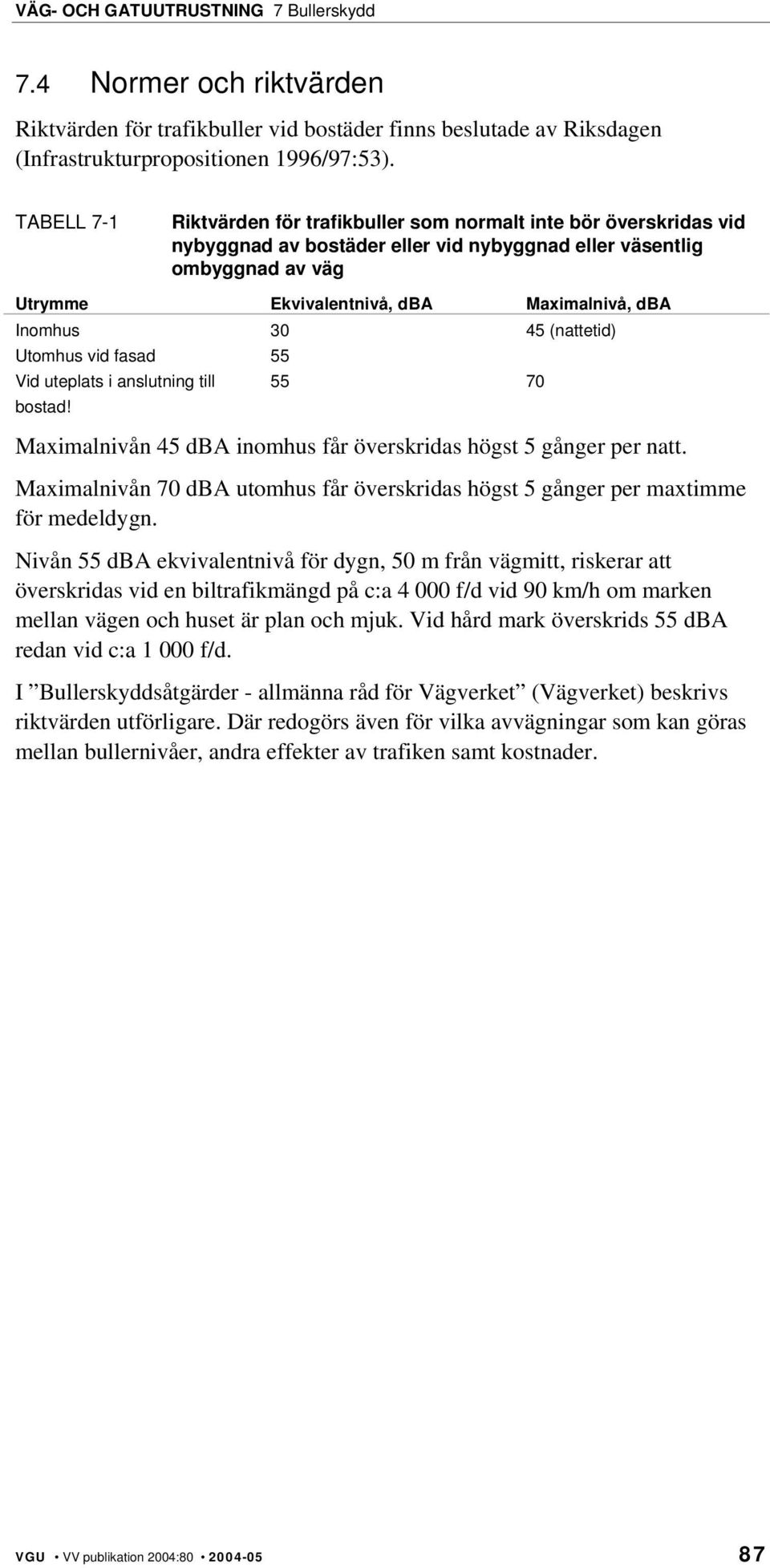 Inomhus 30 45 (nattetid) Utomhus vid fasad 55 Vid uteplats i anslutning till bostad! 55 70 Maximalnivån 45 dba inomhus får överskridas högst 5 gånger per natt.