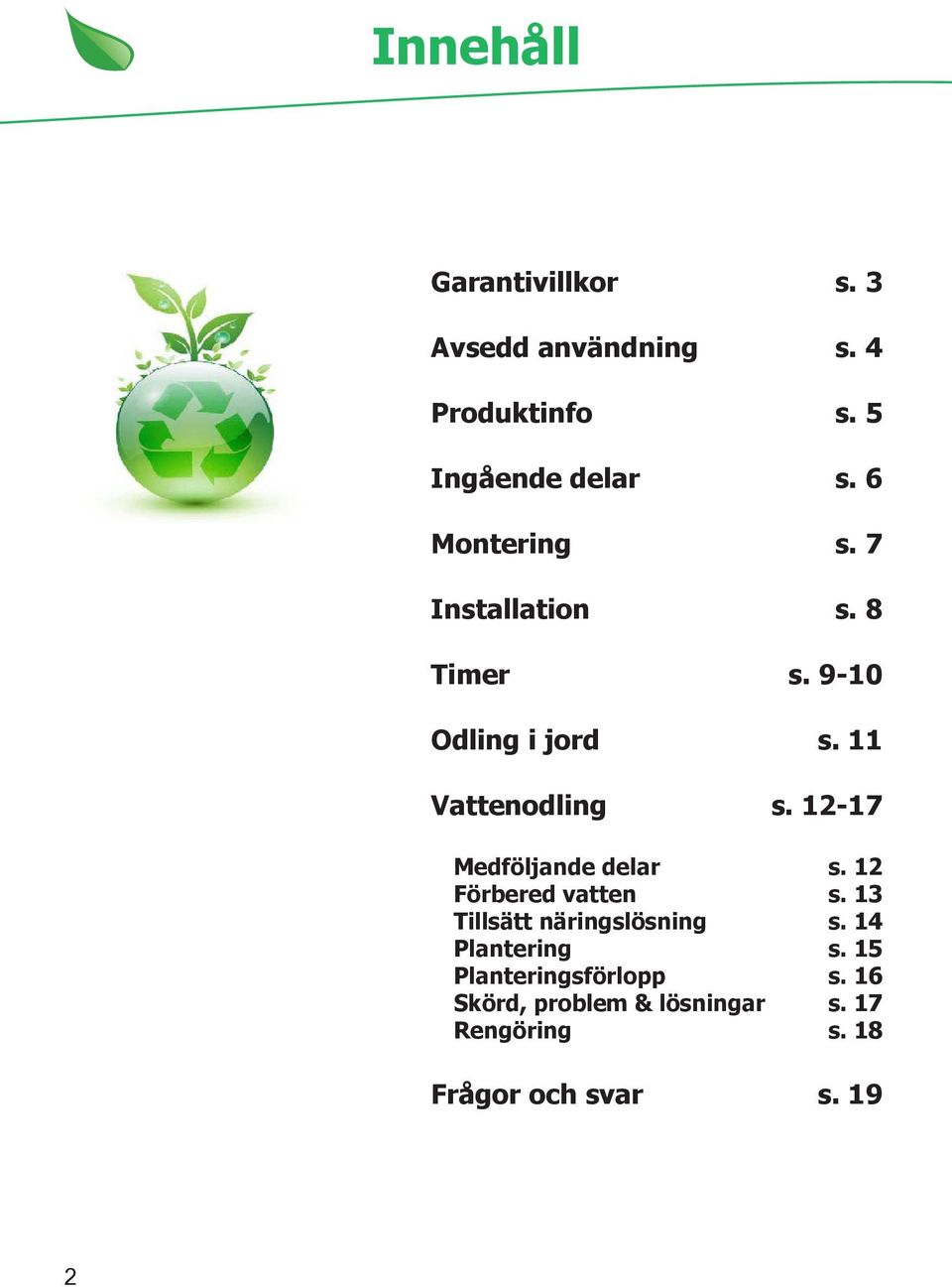 12-17 Medföljande delar s. 12 Förbered vatten s. 13 Tillsätt näringslösning s.