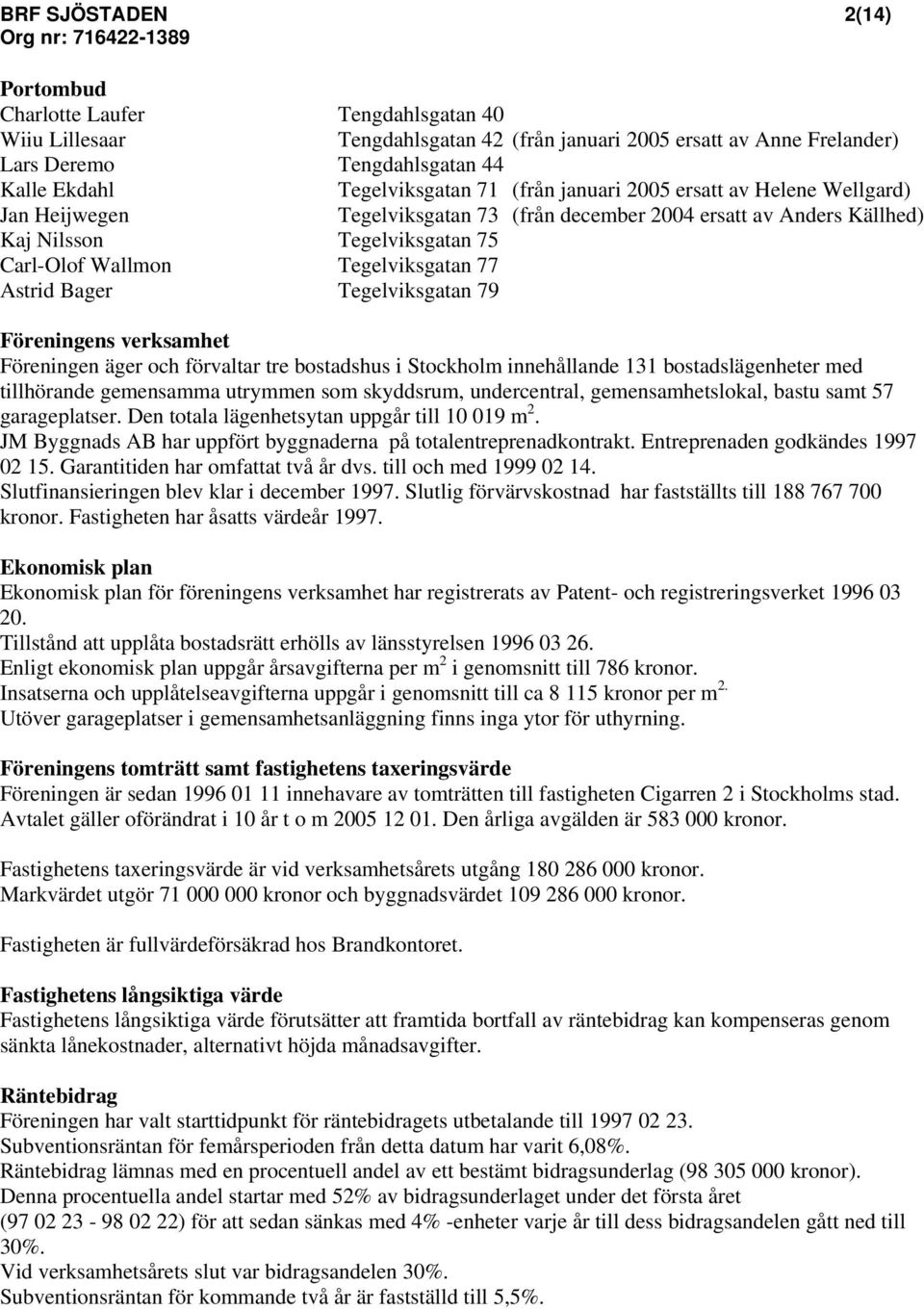 Tegelviksgatan 77 Astrid Bager Tegelviksgatan 79 Föreningens verksamhet Föreningen äger och förvaltar tre bostadshus i Stockholm innehållande 131 bostadslägenheter med tillhörande gemensamma utrymmen