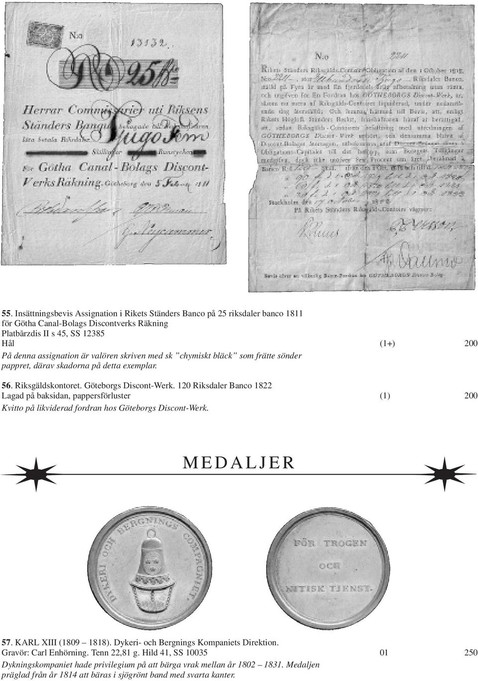 120 Riksdaler Banco 1822 Lagad på baksidan, pappersförluster (1) 200 Kvitto på likviderad fordran hos Göteborgs Discont-Werk. MEDALJER 57. KARL XIII (1809 1818).