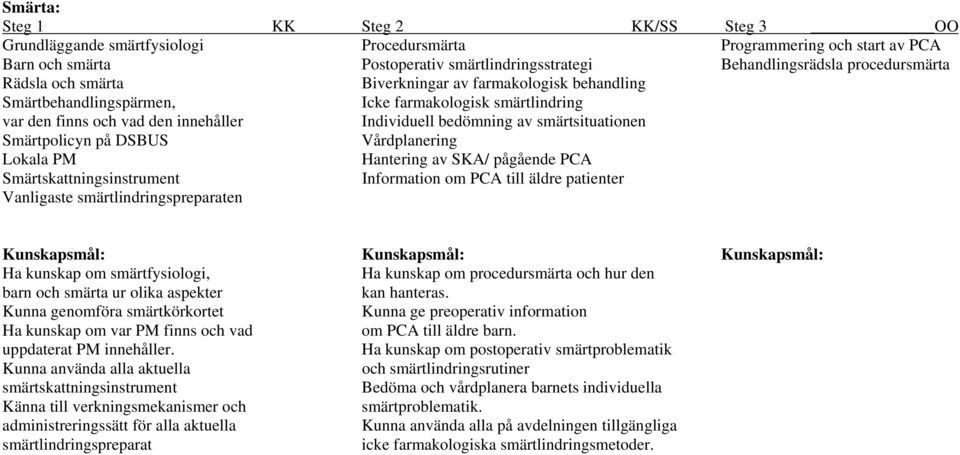 smärtsituationen Smärtpolicyn på DSBUS Vårdplanering Lokala PM Hantering av SKA/ pågående PCA Smärtskattningsinstrument Information om PCA till äldre patienter Vanligaste smärtlindringspreparaten