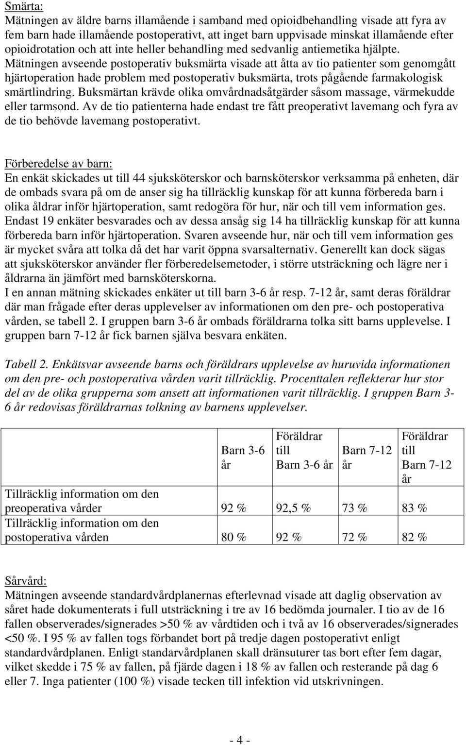 Mätningen avseende postoperativ buksmärta visade att åtta av tio patienter som genomgått hjärtoperation hade problem med postoperativ buksmärta, trots pågående farmakologisk smärtlindring.