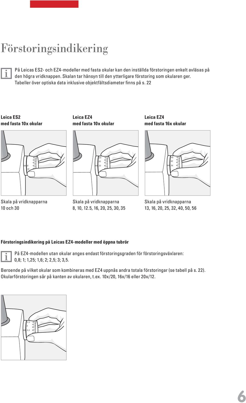 22 Leica ES2 med fasta 10x okular Leica EZ4 med fasta 10x okular Leica EZ4 med fasta 16x okular Skala på vridknapparna 10 och 30 Skala på vridknapparna 8, 10, 12.