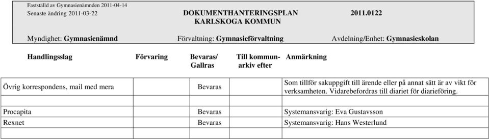 annat sätt är av vikt för verksamheten. Vidarebefordras till diariet för diarieföring.