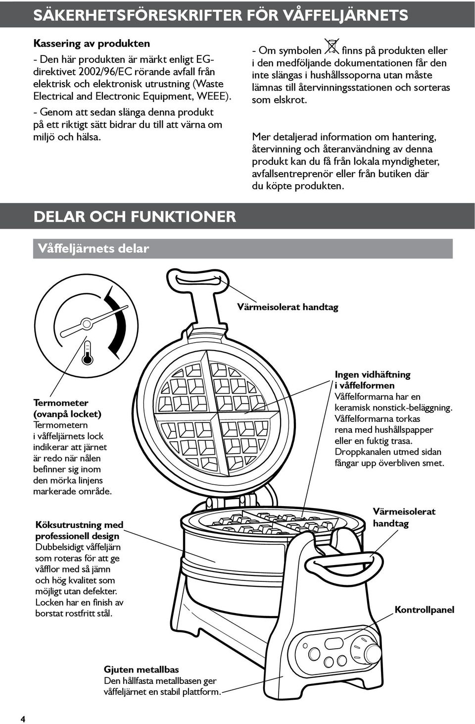 - Om symbolen finns på produkten eller i den medföljande dokumentationen får den inte slängas i hushållssoporna utan måste lämnas till återvinningsstationen och sorteras som elskrot.