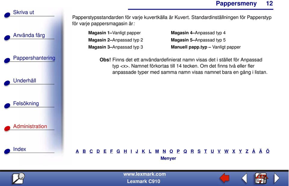 2 Anpassad typ 2 Magasin 5 Anpassad typ 5 Magasin 3 Anpassad typ 3 Manuell papp.typ Vanligt papper Obs!