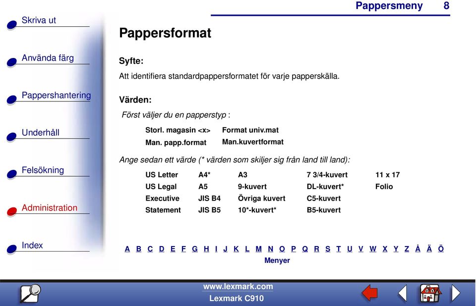 kuvertformat Ange sedan ett värde (* värden som skiljer sig från land till land): US Letter A4* A3 7